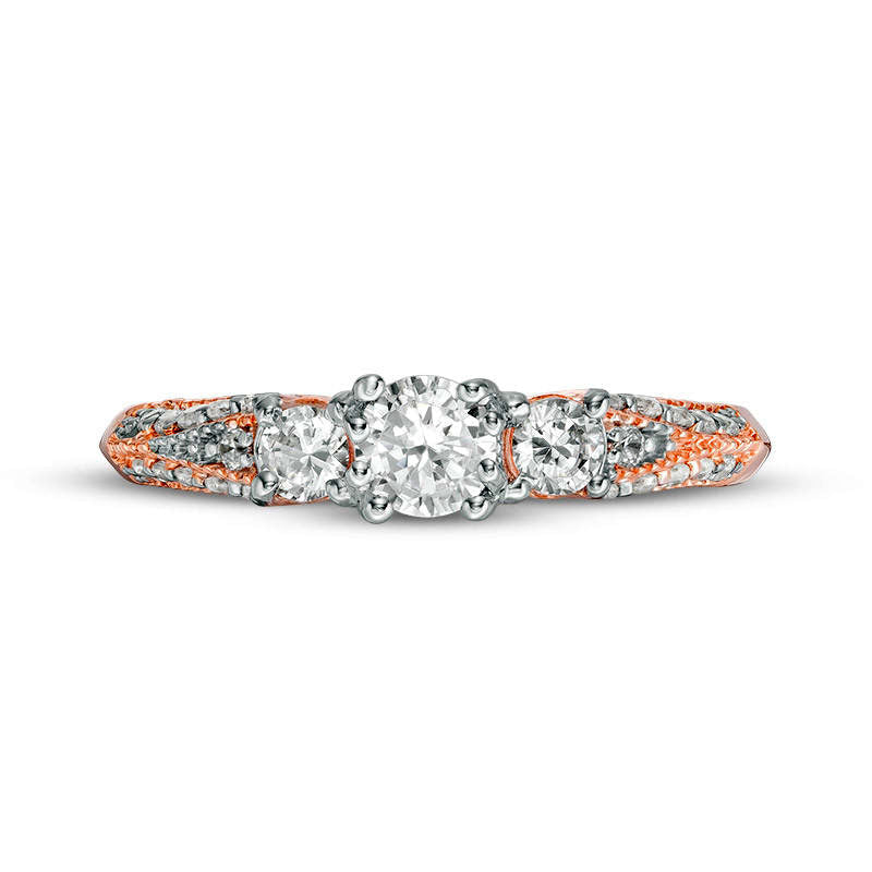 0.75 CT. T.W. Natural Diamond Three Stone V-Sides Antique Vintage-Style Engagement Ring in Solid 10K Rose Gold