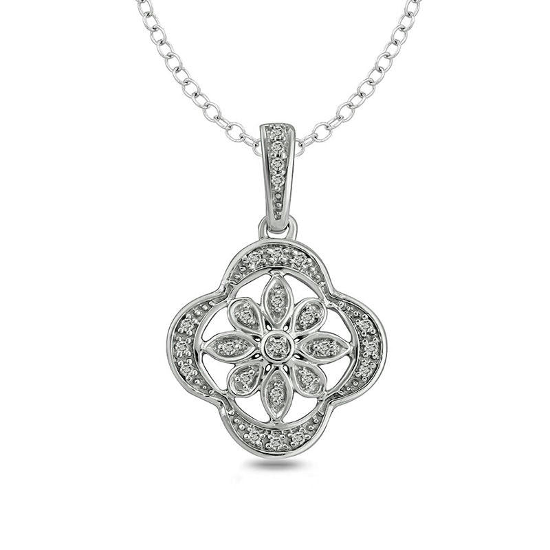 Natural Diamond Accent Clover Frame Flower Pendant in Sterling Silver