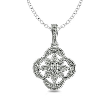 Natural Diamond Accent Clover Frame Flower Pendant in Sterling Silver