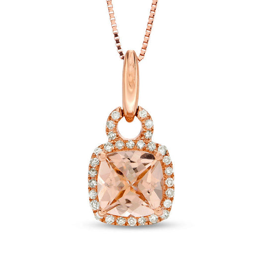 6.0mm Cushion-Cut Morganite and 0.1 CT. T.W. Natural Diamond Frame Buckle Pendant in 10K Rose Gold