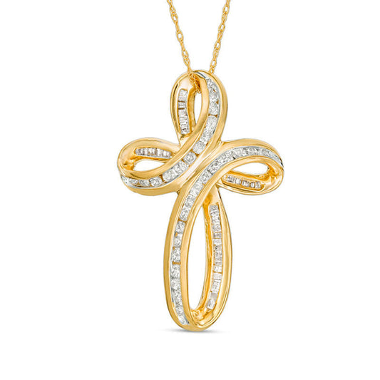0.75 CT. T.W. Baguette and Round Natural Diamond Loop Cross Pendant in 10K Yellow Gold