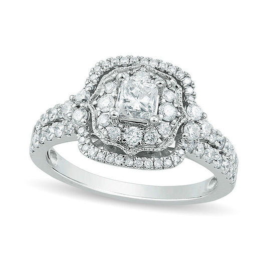 1.25 CT. T.W. Princess-Cut Natural Diamond Ornate Cushion Frame Antique Vintage-Style Engagement Ring in Solid 14K White Gold