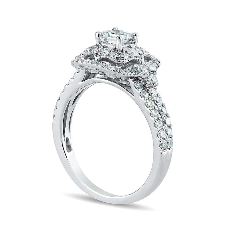 1.25 CT. T.W. Princess-Cut Natural Diamond Ornate Cushion Frame Antique Vintage-Style Engagement Ring in Solid 14K White Gold