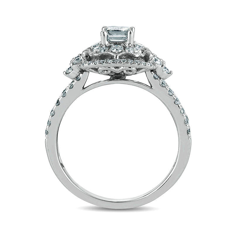 1.25 CT. T.W. Princess-Cut Natural Diamond Ornate Cushion Frame Antique Vintage-Style Engagement Ring in Solid 14K White Gold