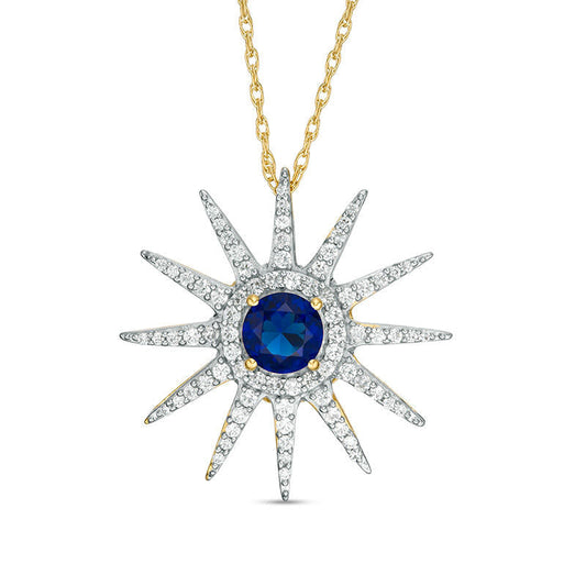 6.0mm Lab-Created Blue and White Sapphire Sunburst Pendant in Sterling Silver with 14K Gold Plate