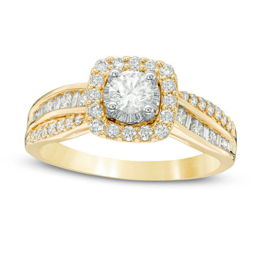 0.88 CT. T.W. Natural Diamond Cushion Frame Engagement Ring in Solid 14K Gold