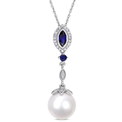 Cultured Freshwater Pearl, Lab-Created Blue Sapphire and 0.13 CT. T.W. Diamond Drop Pendant in 10K White Gold - 17