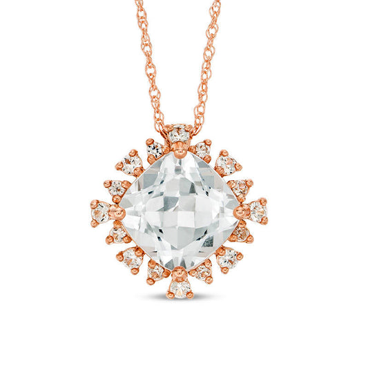 8.0mm Cushion-Cut Lab-Created White Sapphire Sunburst Frame Pendant in 10K Rose Gold