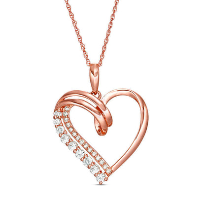 Lab-Created White Sapphire and 0.07 CT. T.W. Diamond Looping Heart Pendant in 10K Rose Gold