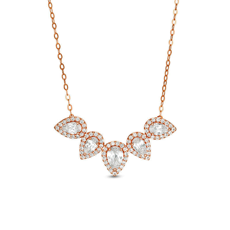 Pear-Shaped Lab-Created White Sapphire Five Stone Frame Necklace in 10K Rose Gold - 16.5