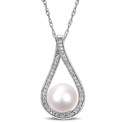 9.0 - 9.5mm Cultured Freshwater Pearl and 0.2 CT. T.W. Natural Diamond Open Teardrop Frame Pendant in 14K White Gold - 17