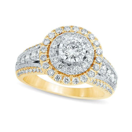1.25 CT. T.W. Natural Diamond Double Frame Multi-Row Antique Vintage-Style Engagement Ring in Solid 14K Gold