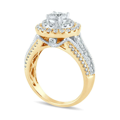 1.25 CT. T.W. Natural Diamond Double Frame Multi-Row Antique Vintage-Style Engagement Ring in Solid 14K Gold