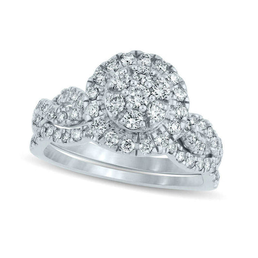 1.0 CT. T.W. Composite Natural Diamond Frame Twist Bridal Engagement Ring Set in Solid 14K White Gold