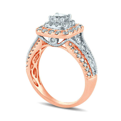 1.5 CT. T.W. Princess-Cut Natural Diamond Double Frame Antique Vintage-Style Engagement Ring in Solid 14K Rose Gold