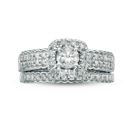 0.88 CT. T.W. Natural Diamond Cushion Frame Bridal Engagement Ring Set in Solid 10K White Gold