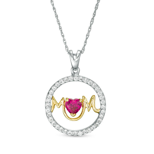 5.0mm Heart-Shaped Lab-Created Ruby and White Sapphire Frame MOM" Circle Pendant in Sterling Silver and 14K Gold Plate"