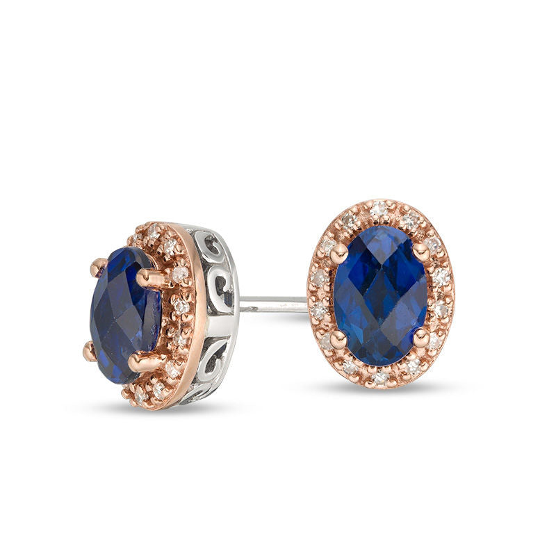 Checkerboard Oval Lab-Created Blue Sapphire and 0.07 CT. T.W. Diamond Frame Stud Earrings in 10K Two-Tone Gold