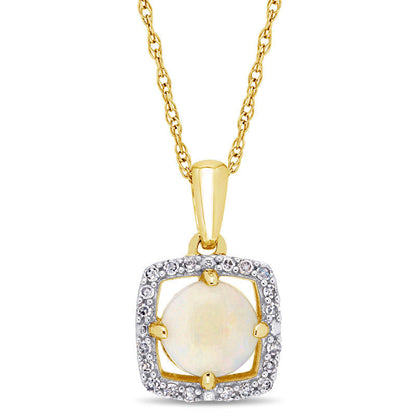 6.0mm Opal and 0.1 CT. T.W. Natural Diamond Cushion Frame Pendant in 10K Yellow Gold - 17