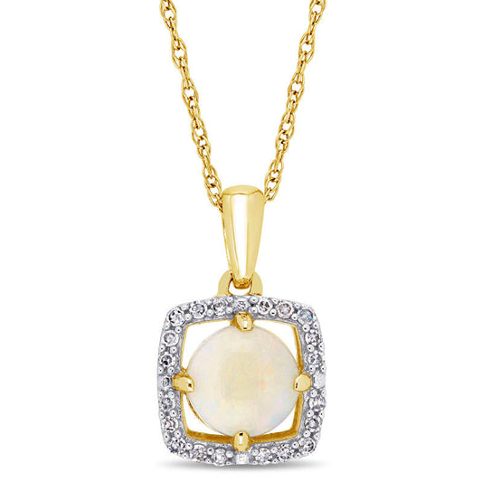 6.0mm Opal and 0.1 CT. T.W. Natural Diamond Cushion Frame Pendant in 10K Yellow Gold - 17