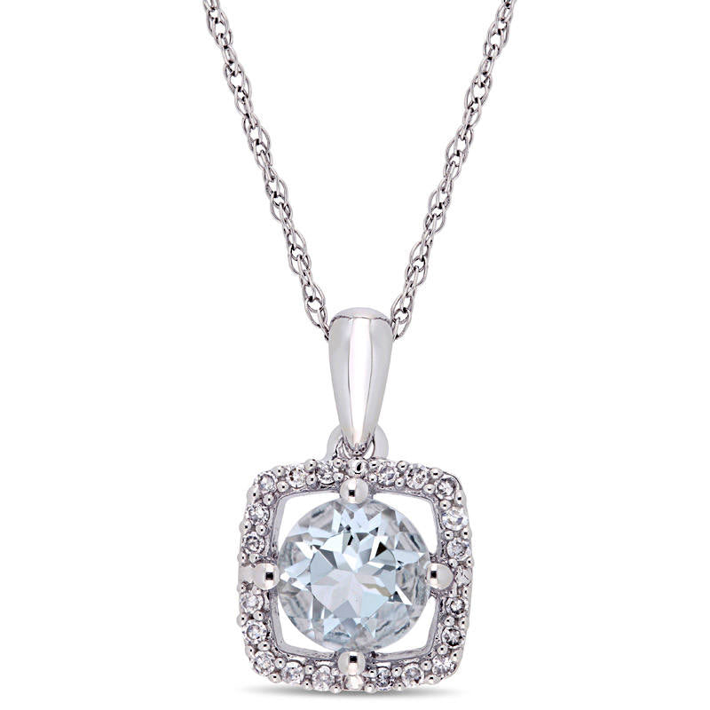 6.0mm Aquamarine and 0.1 CT. T.W. Natural Diamond Cushion Frame Pendant in 10K White Gold - 17