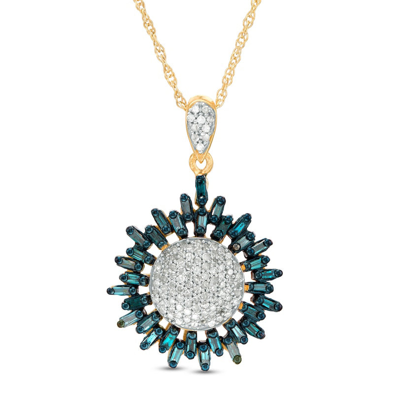 0.75 CT. T.W. Enhanced Blue and White Composite Natural Diamond Sunburst Pendant in 10K Yellow Gold