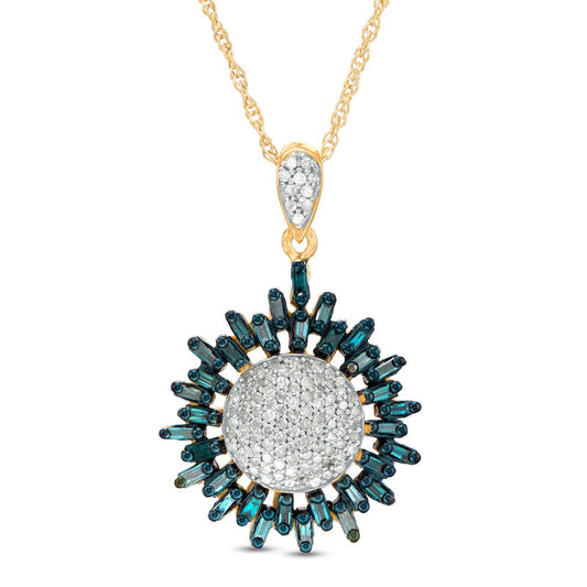 0.75 CT. T.W. Enhanced Blue and White Composite Natural Diamond Sunburst Pendant in 10K Yellow Gold