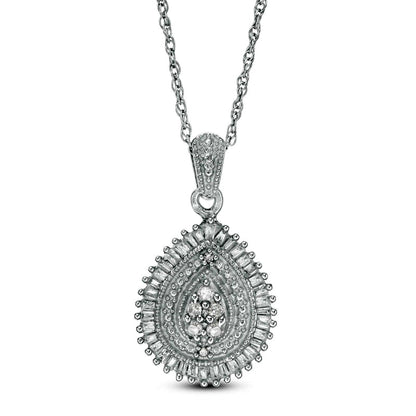 0.33 CT. T.W. Composite Baguette and Round Natural Diamond Pear-Shaped Frame Pendant in 10K White Gold