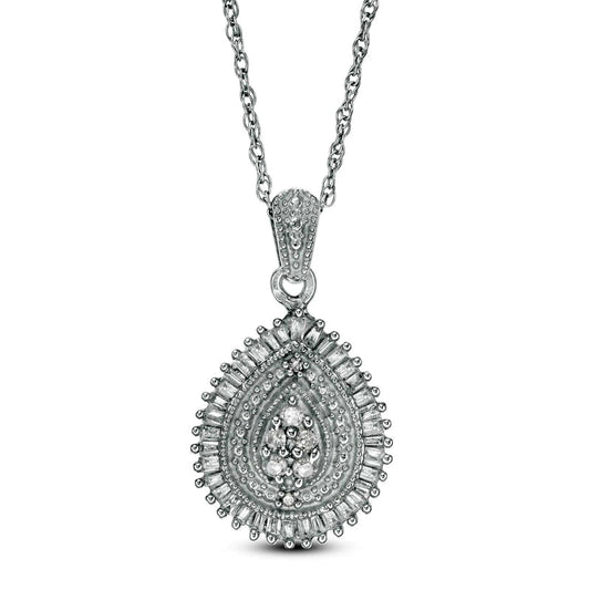 0.33 CT. T.W. Composite Baguette and Round Natural Diamond Pear-Shaped Frame Pendant in 10K White Gold