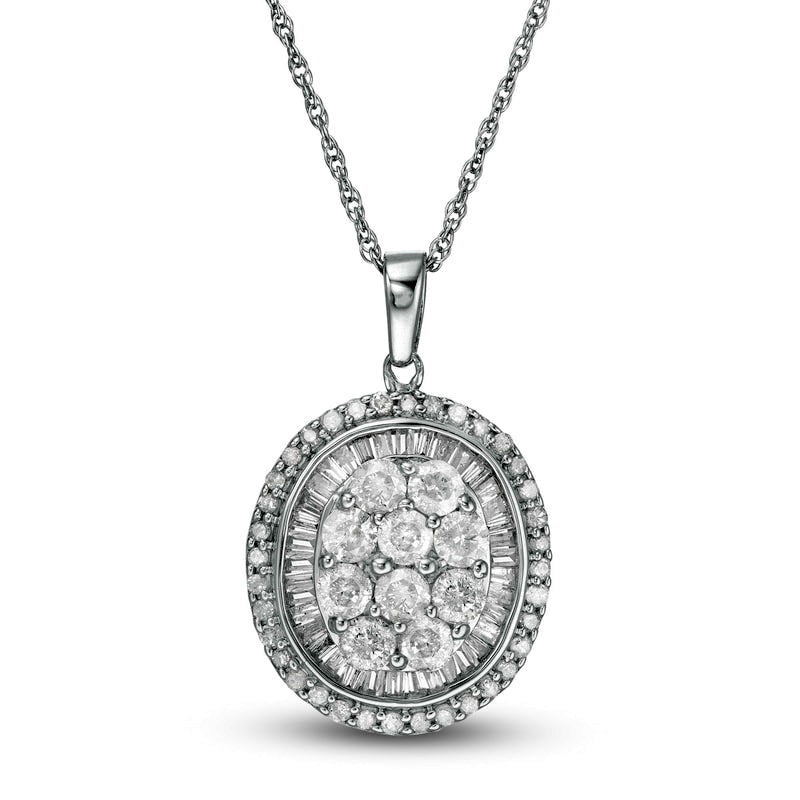 1.25 CT. T.W. Composite Baguette and Round Natural Diamond Oval Frame Pendant in 10K White Gold