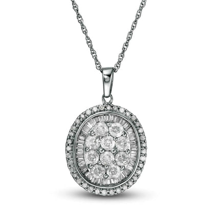 1.25 CT. T.W. Composite Baguette and Round Natural Diamond Oval Frame Pendant in 10K White Gold