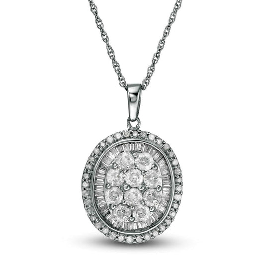 1.25 CT. T.W. Composite Baguette and Round Natural Diamond Oval Frame Pendant in 10K White Gold