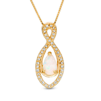 Pear-Shaped Lab-Created Opal and 0.13 CT. T.W. Diamond Infinity Pendant in 10K Yellow Gold