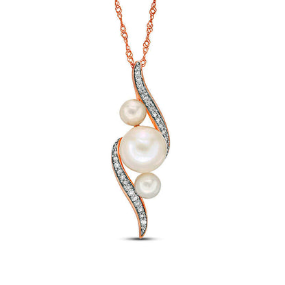 Cultured Freshwater Pearl and 0.13 CT. T.W. Natural Diamond Three Stone Bypass Pendant in 10K Rose Gold - 17