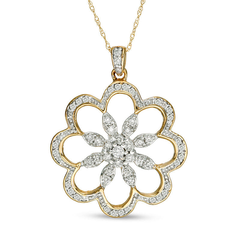 0.63 CT. T.W. Natural Diamond Flower Pendant in 10K Yellow Gold