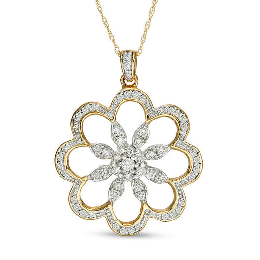 0.63 CT. T.W. Natural Diamond Flower Pendant in 10K Yellow Gold