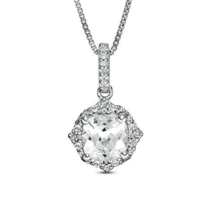 6.0mm Cushion-Cut Lab-Created White Sapphire Quatrefoil Frame Pendant in Sterling Silver