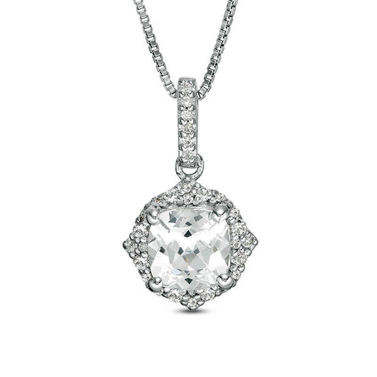 6.0mm Cushion-Cut Lab-Created White Sapphire Quatrefoil Frame Pendant in Sterling Silver