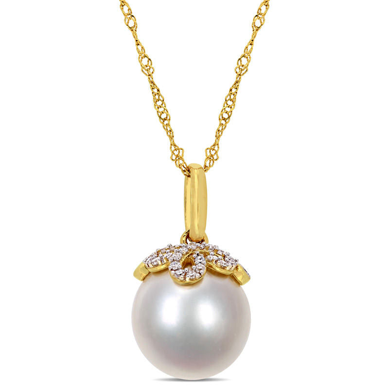 10.0 - 11.0mm Cultured South Sea Pearl and 0.07 CT. T.W. Natural Diamond Leaf Top Pendant in 14K Gold - 17