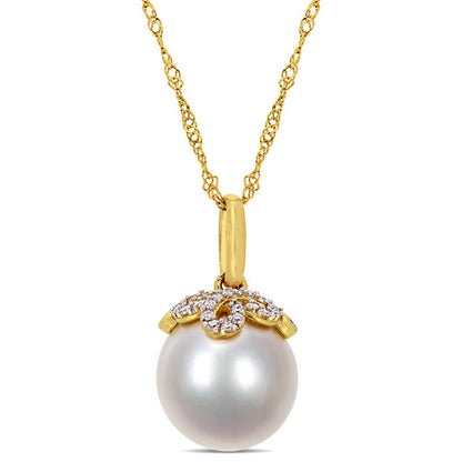 10.0 - 11.0mm Cultured South Sea Pearl and 0.07 CT. T.W. Natural Diamond Leaf Top Pendant in 14K Gold - 17