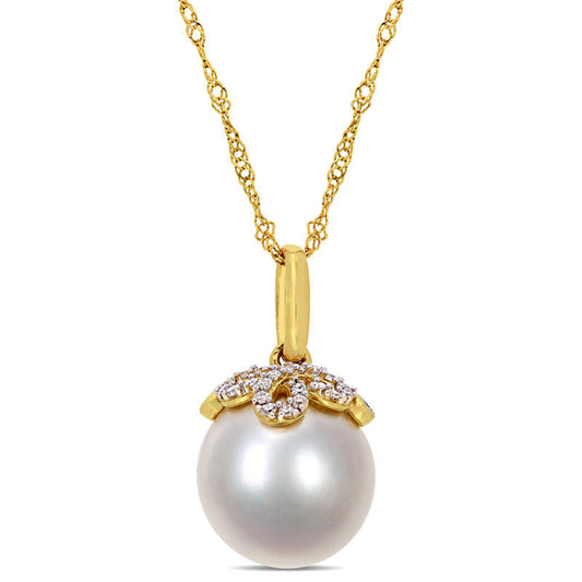 10.0 - 11.0mm Cultured South Sea Pearl and 0.07 CT. T.W. Natural Diamond Leaf Top Pendant in 14K Gold - 17