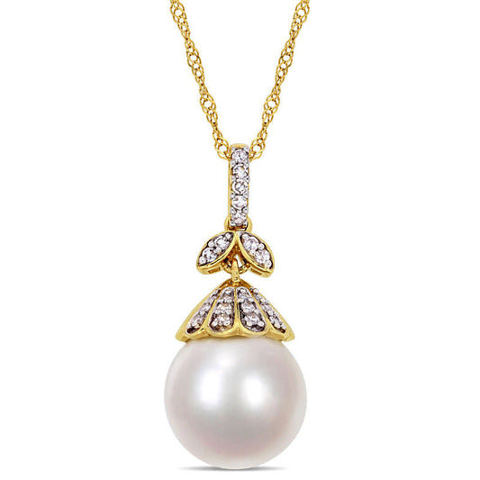 10.0 - 11.0mm Oval Cultured South Sea Pearl and 0.1 CT. T.W. Natural Diamond Flower Top Pendant in 14K Gold - 17