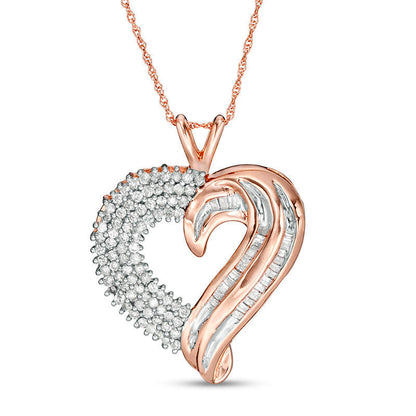 0.75 CT. T.W. Baguette and Round Natural Diamond Heart Pendant in 10K Rose Gold