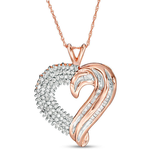 0.75 CT. T.W. Baguette and Round Natural Diamond Heart Pendant in 10K Rose Gold