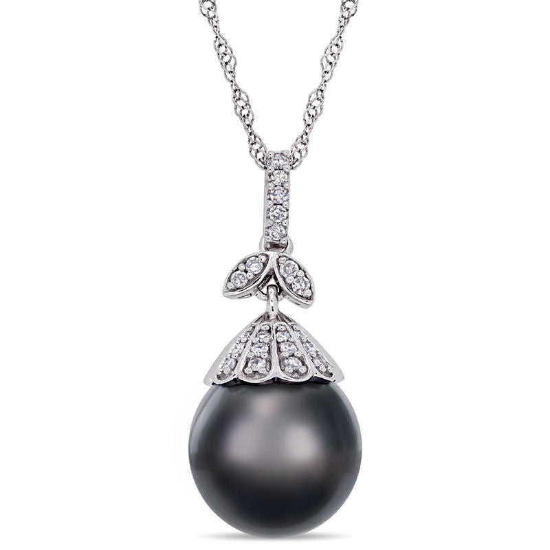 10.0 - 11.0mm Oval Black Cultured Tahitian Pearl and 0.1 CT. T.W. Natural Diamond Flower Top Pendant in 14K White Gold - 17