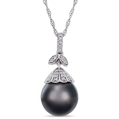10.0 - 11.0mm Oval Black Cultured Tahitian Pearl and 0.1 CT. T.W. Natural Diamond Flower Top Pendant in 14K White Gold - 17
