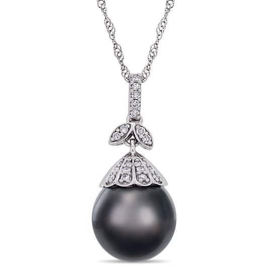 10.0 - 11.0mm Oval Black Cultured Tahitian Pearl and 0.1 CT. T.W. Natural Diamond Flower Top Pendant in 14K White Gold - 17