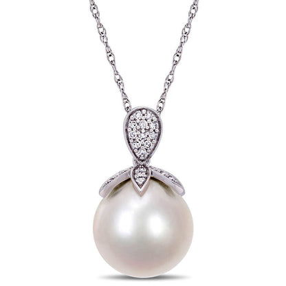 11.0 - 12.0mm Cultured Freshwater Pearl and 0.1 CT. T.W. Natural Diamond Petals Pendant in 10K White Gold - 17