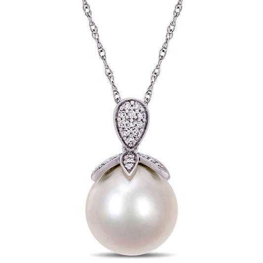 11.0 - 12.0mm Cultured Freshwater Pearl and 0.1 CT. T.W. Natural Diamond Petals Pendant in 10K White Gold - 17
