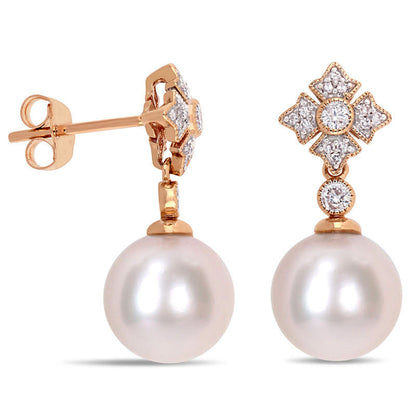 9.5 - 10.0mm Cultured Freshwater Pearl and 0.2 CT. T.W. Diamond Vintage-Style Drop Earrings in 10K Rose Gold